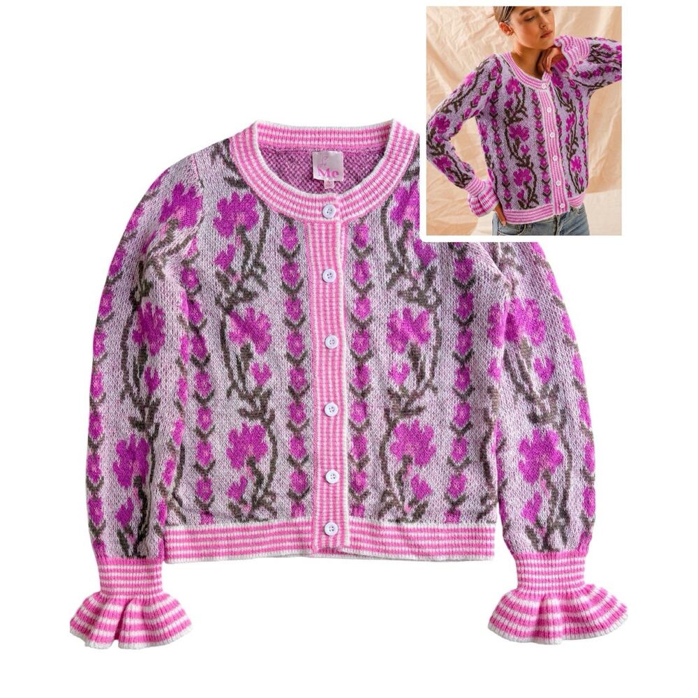 So Me Fuzzy Knit Cardigan Sweater Ruffle Cuff Floral Intarsia Pink Coquette S